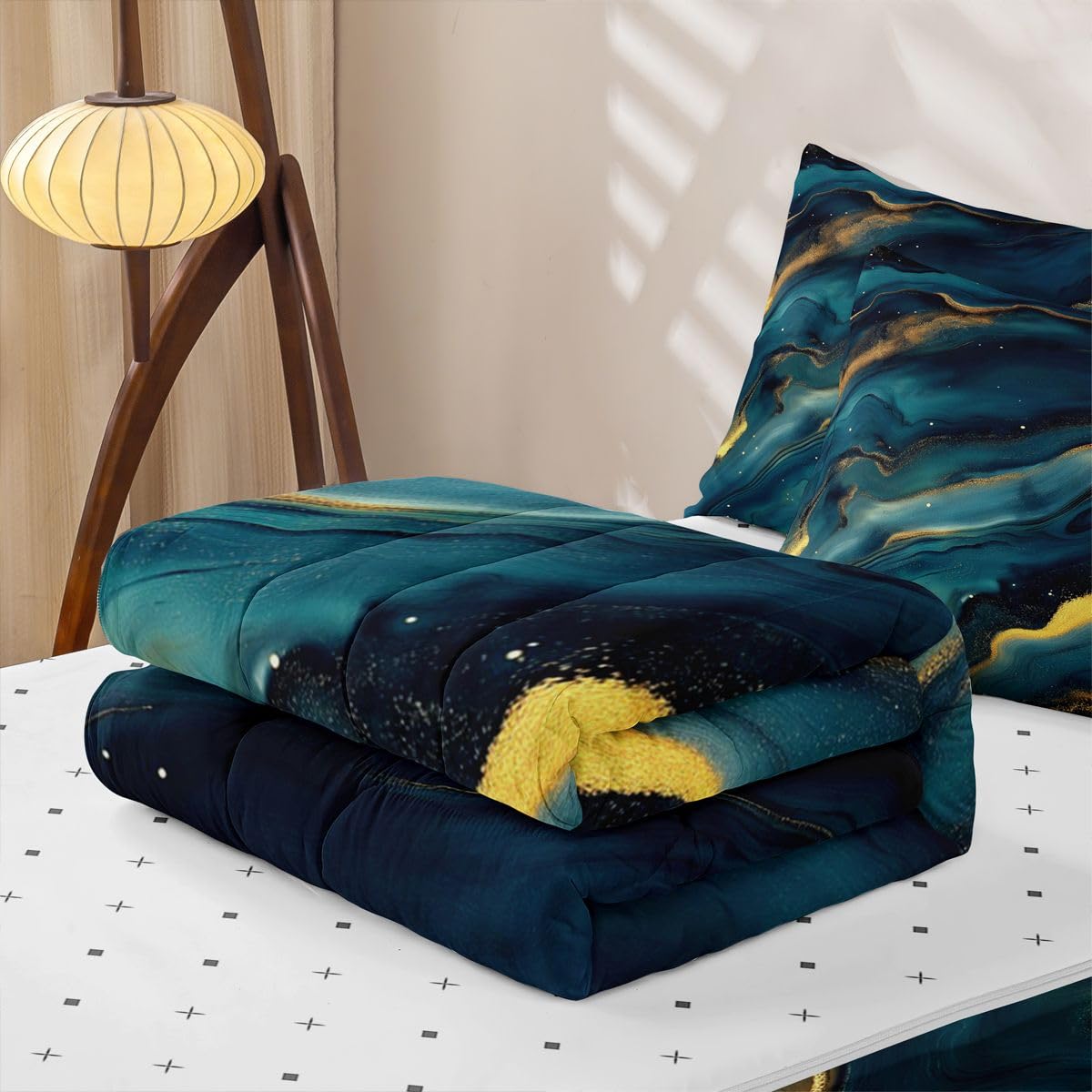 jejeloiu Blue Marble Print Zipper Bedding Twin Abstract Bedding Sets for Kids Boys Girls Deep Ocean Wave Texture Comforter Set with Fitted Sheet 2 Pillowcases One Zipper Bed Set for All Seasons