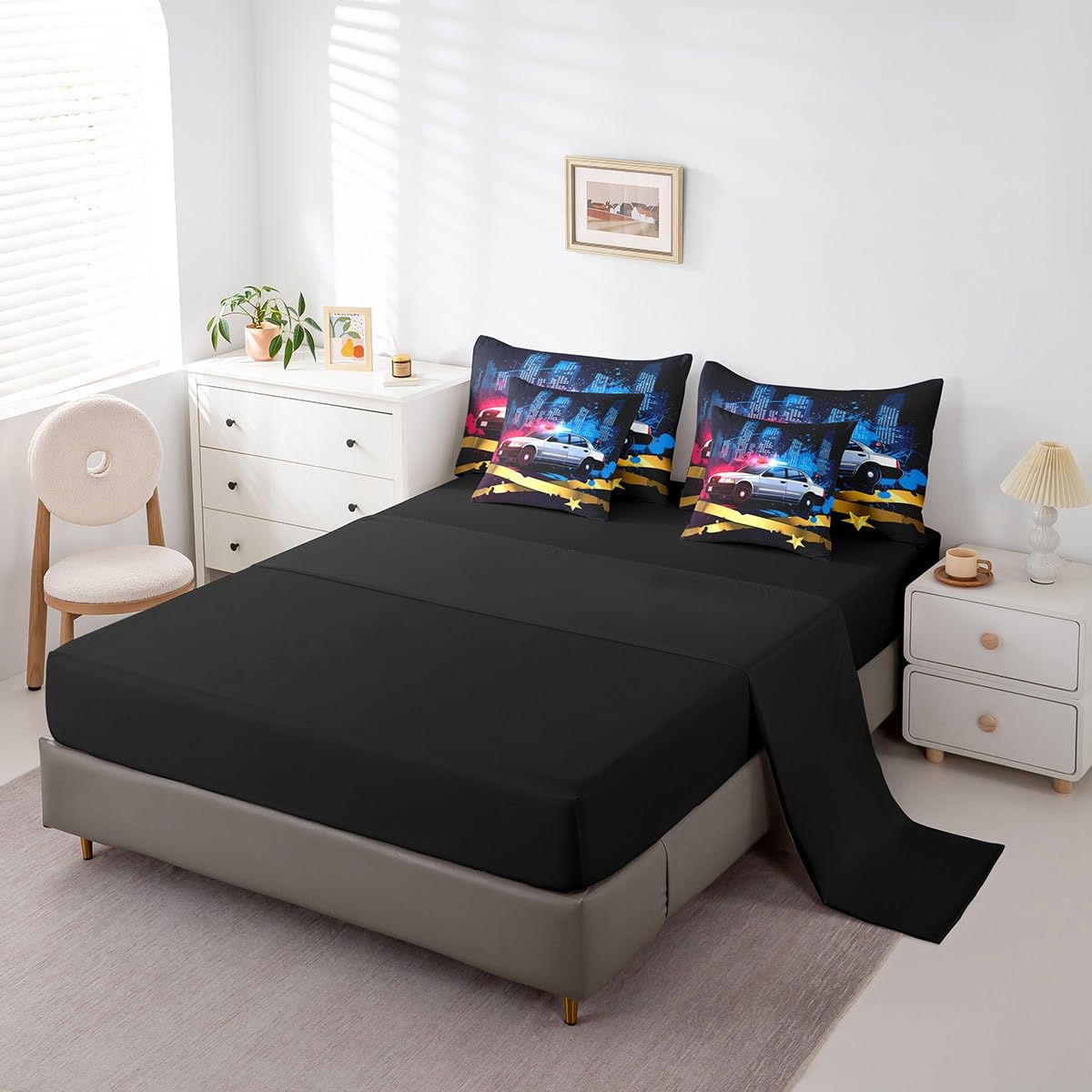 Erosebridal Police Car 7 Piece Comforter Set Full Bed in a Bag,Policeman Vehicle Car Bedding Sets Red Blue Cop Lights Truck Sheet Set with Comforter