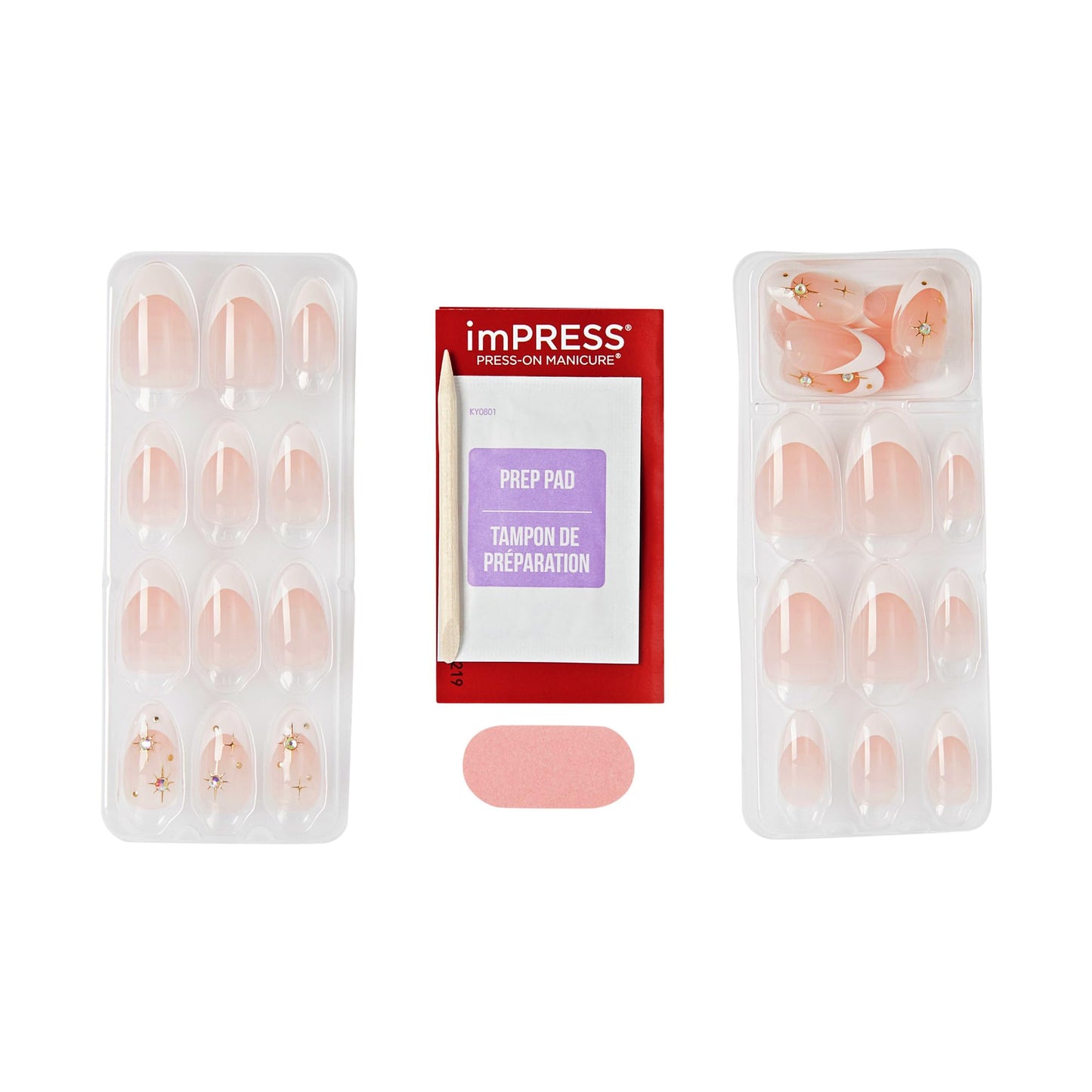 Kiss Impress No Glue Mani Press On Nails, Design, 'Star player', White, Medium Size, Almond Shape, Includes 30 Nails, Prep Pad, Instructions Sheet, 1 Manicure Stick, 1 Mini File