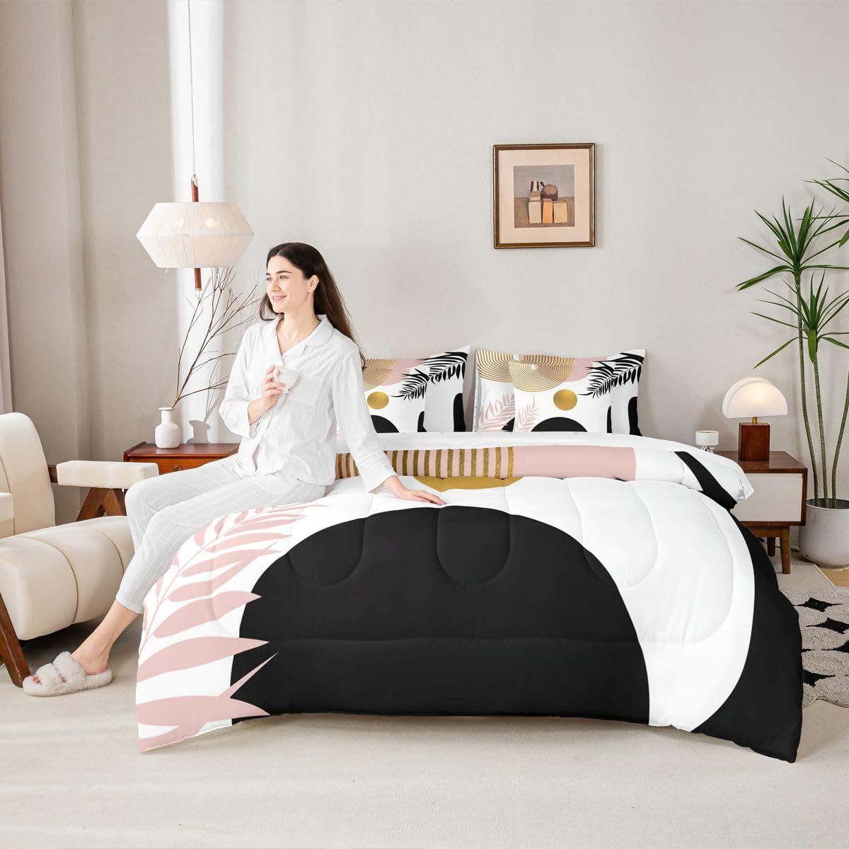 Erosebridal Boho Pink Black and Gold King Size Comforter Set with Sheets, Abstract Mid Century 7 Pcs Bedding Set for Adults, Minimalist Aesthetic Geometric Bed in A Bag, Modern Bohemian Chic Bed Sets