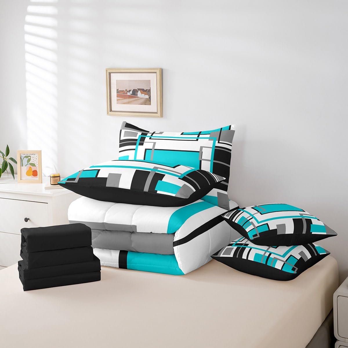 Erosebridal 7Pcs Teal Black White Geometric Abstract Twin Size Comforter Set,Modern Square Striped Bed in A Bag,Boho Bedding,Minimalist Contemporary Art Aesthetic Quilt Set with Pillowcases