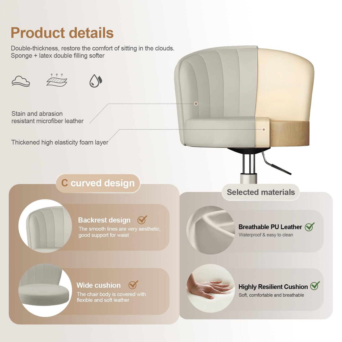 HDHNBA Small Desk Chair Round Rolling Chair with Back PU Leather Height Adjustable Swivel Vanity Work Computer Stool Chair for Home Office Bedroom
