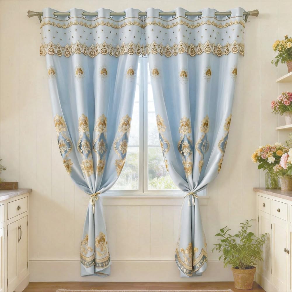 Amidoudou 1 Pair European Double Layer Curtains with Sheer Curtains for Living Room Bedroom Luxury Embroidered Blackout Curtains (Blue,52x84 Inch)