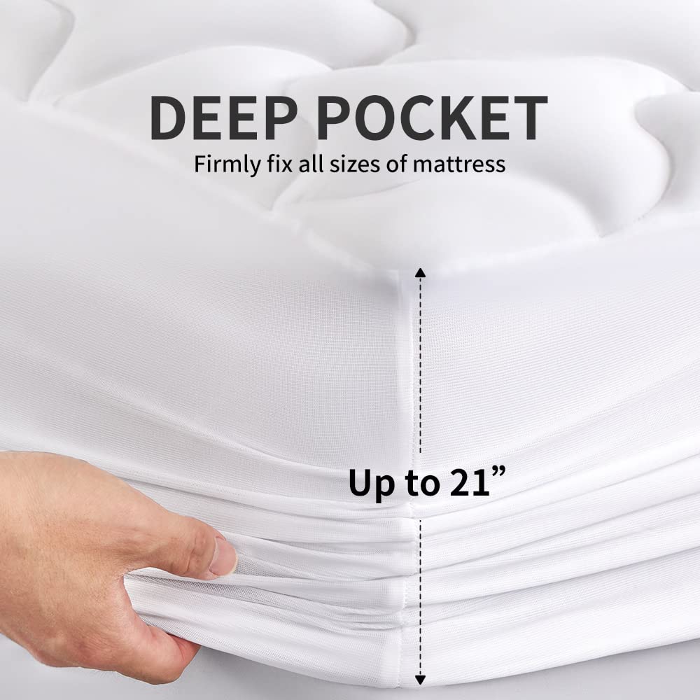 SLEEP ZONE Mattress Topper Twin Mattress Pad, Cooling Quilted Fitted Mattress Cover, Machine Washable Mattress Protector, Soft Fluffy Down Alternative, Deep Pocket 8~21 inch (White, Twin)