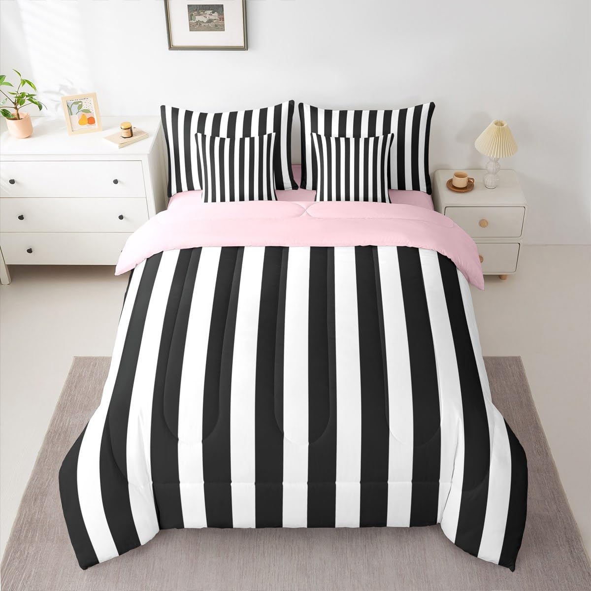 Erosebridal Black and White Striped King 7-Piece Bedding Set | Striped Comforter Set with Sheets Pink and Black Bed in a Bag for Kids Teens Adults Cute Pinstripe Girls Bedding Sets & Collections