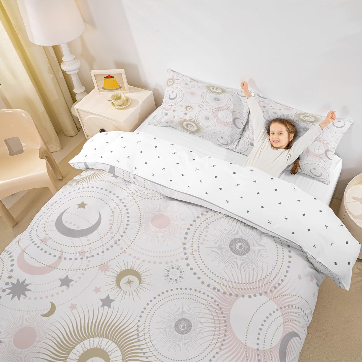 Stars and Moon Kids Duvet Cover Set Full Size,Pink Golden Grey Shiny Planets Comforter Cover with 2 Pillowcases,Romantic Galaxy Universe Bedding Set for Boys Girls Xmas Bedroom (No Comforter)
