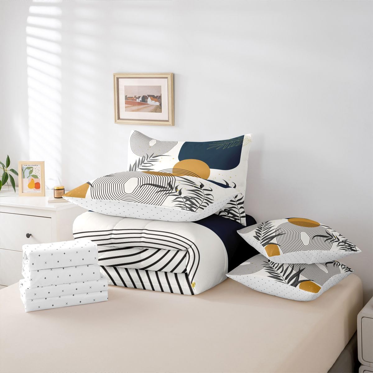 Erosebridal Boho Mid Century Full 7 Pcs Bedding Set, Contemporary Bohemian Minimalist Comforter Set with Sheets, Abstract Geometric Bed in A Bag, Sage Tropical Palm Leaves Retro Elegant Zen Bed Sets