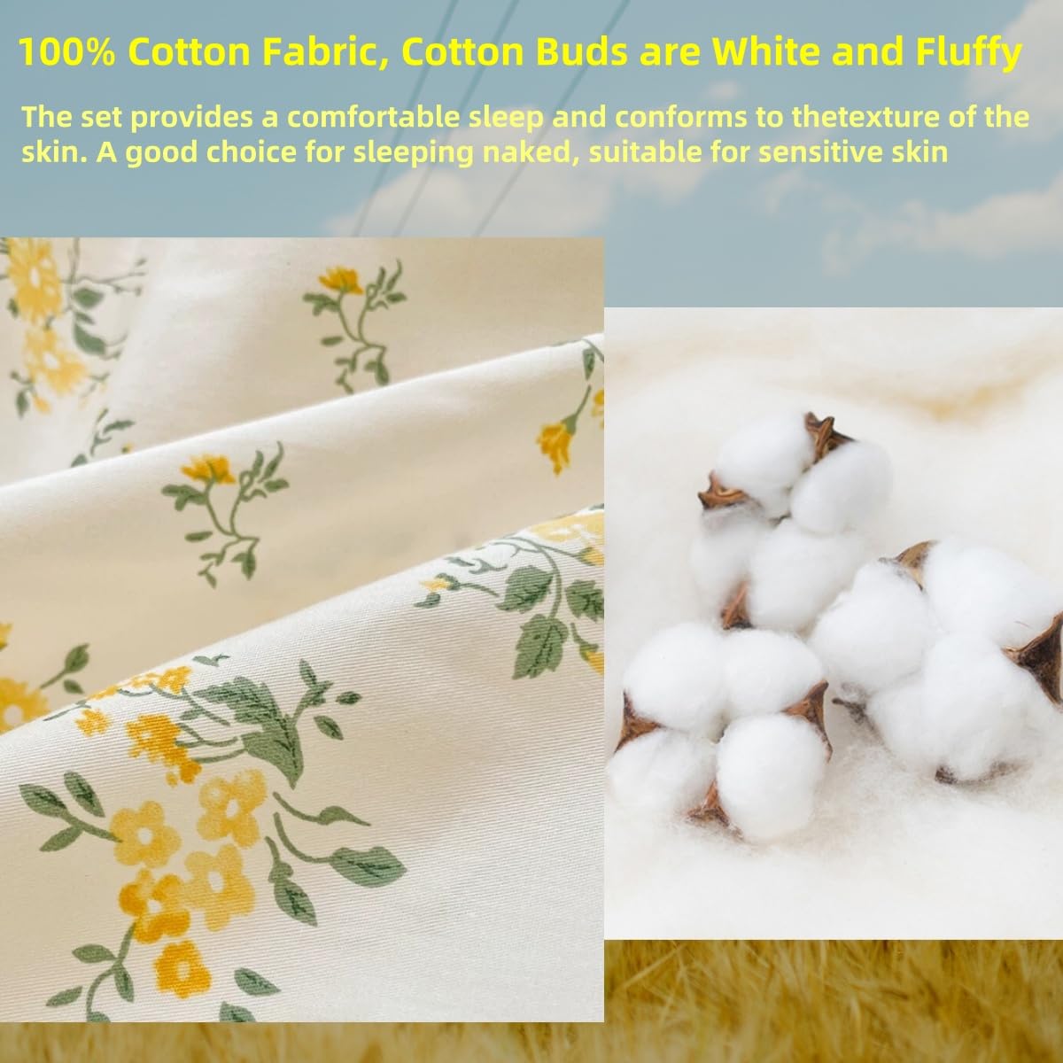 4pcs Duvet Cover Set- 100% Cotton Comfort Duvet Cover Set,a Duvet Cover,a Deep Pocket Fitted Sheet,2 Pillow Shams Home Bedding with Zipper Closure for All Season (Queen (U.S. Standard), cream yellow)