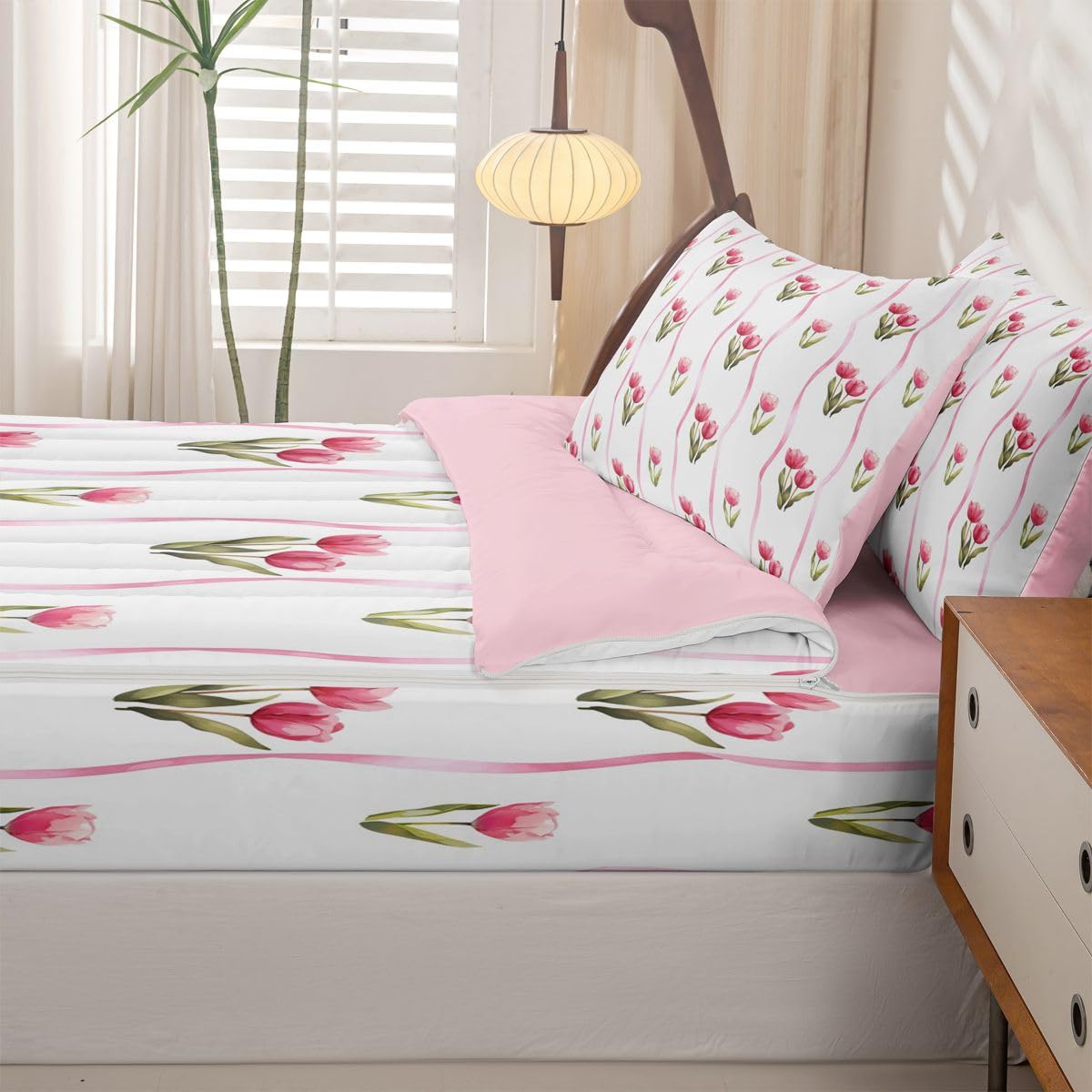 Feelyou Flroal Comforter Set Sizetulip Flowers Zipper Bedding Queen Spring Blossom Boys Girls Bed in A Bagbotanical Bed Sheet Sets with Fitted Sheet Pillowcases for Bedroom Decorpink White Green