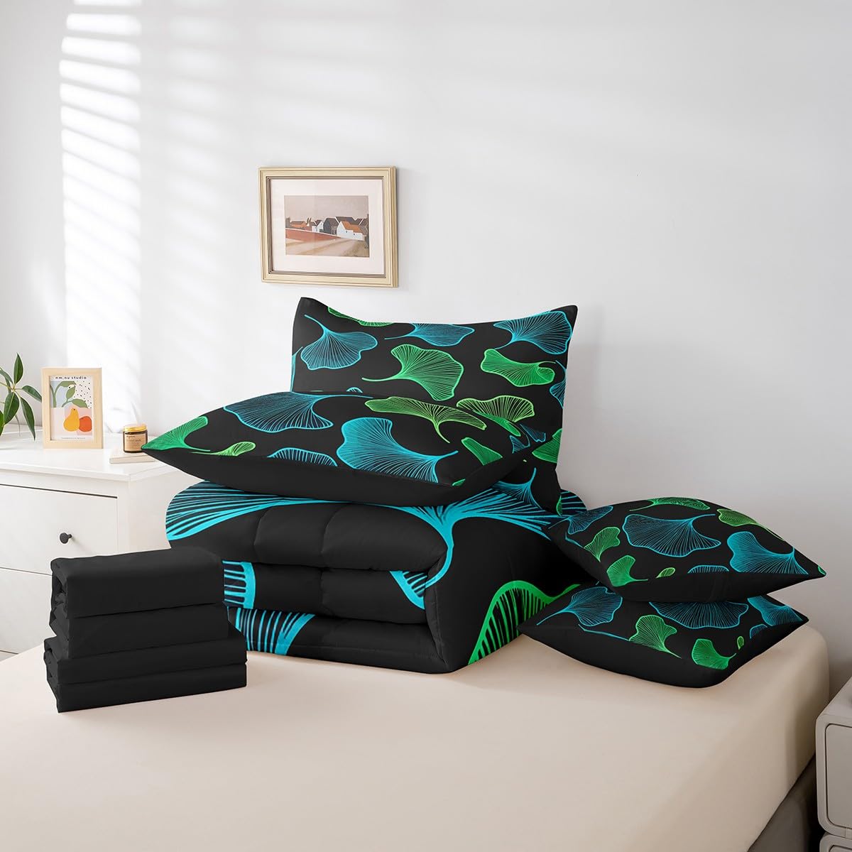 Erosebridal Ginkgo Leaves Comforter Set 7 Piece Bed in a Bag Twin,Teal Green Ginkgo Biloba Leaf Bedding Sets Botanical Sheet Set with Comforter,Jungle Plant Ginkgo Folium Bed Set
