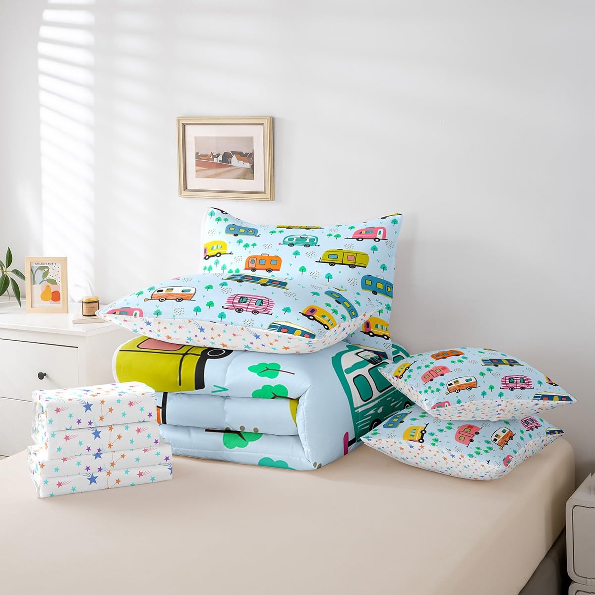 Erosebridal Travel RV Comforter Set Twin Size,Happy Camping Bedding Set for Kids Teens,Cartoon Trees (Comforter+Fitted+Flat Sheet+2 Pillowcases+2 Throw Pillow Covers) 7 Pieces Bed Set