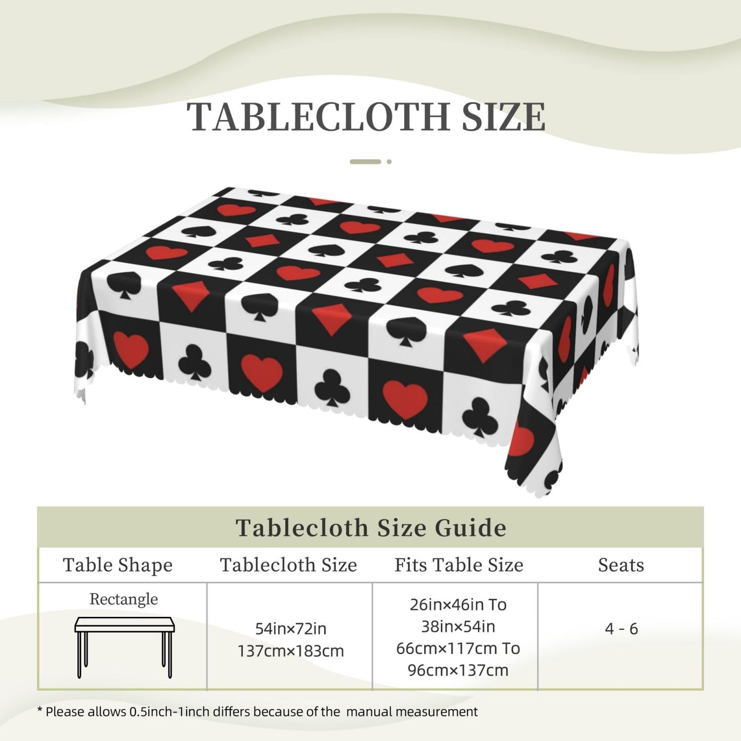 GOUROISE Playing Cards Rectangular Tablecloth, Card Pattern 54x72 Inch Wavy Lace Border Polyester Table Cloth for Dining, Kitchen, Parties