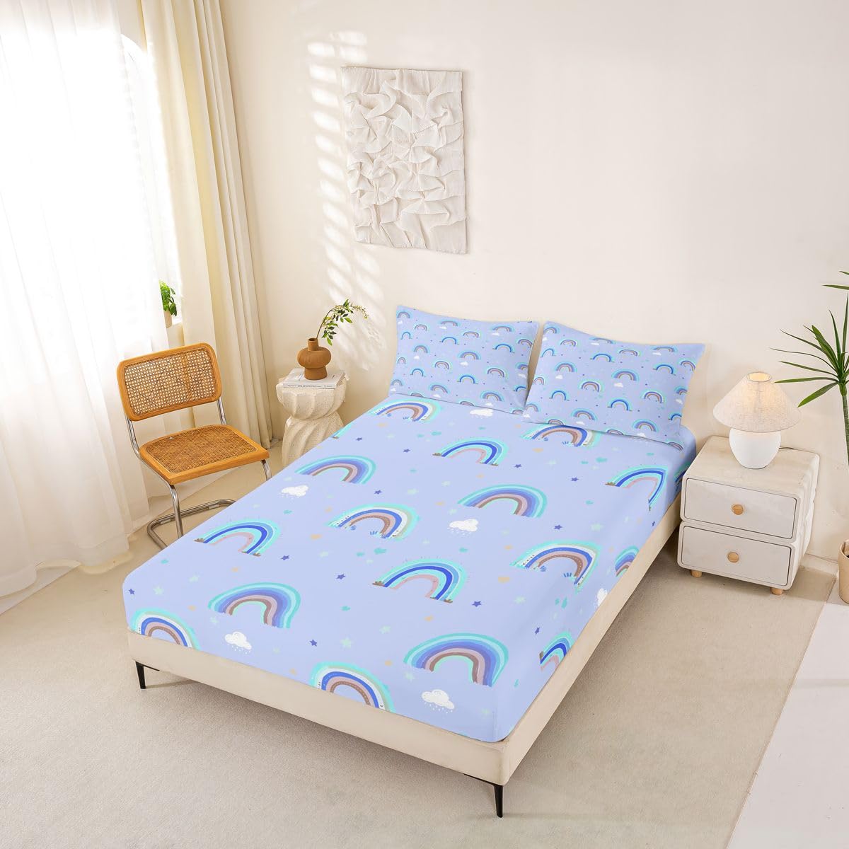 Castle Fairy Blue Rainbow Fitted Sheet Queen Size (No Flat),Cute Love Heart Bedding Sets 3Pcs,Girls Boys Adult Room Decor,Cartoon Cloud Bed Cover Coquette Deep Pocket Sheet,2 Pillowcases