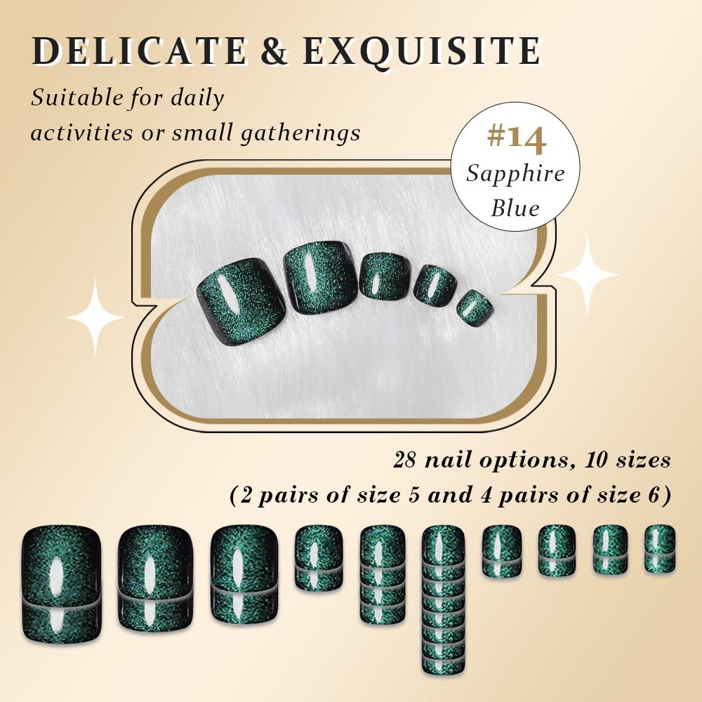 evpct Sapphire Green Cat Eye Press on Toenails for Women, Glossy Glitter Fake Toe Nails Women Girls Gift, Soft Gel Press Stick on Toenail with Kits Perfectly Fit Full Cover Reusable Cateye Toenails