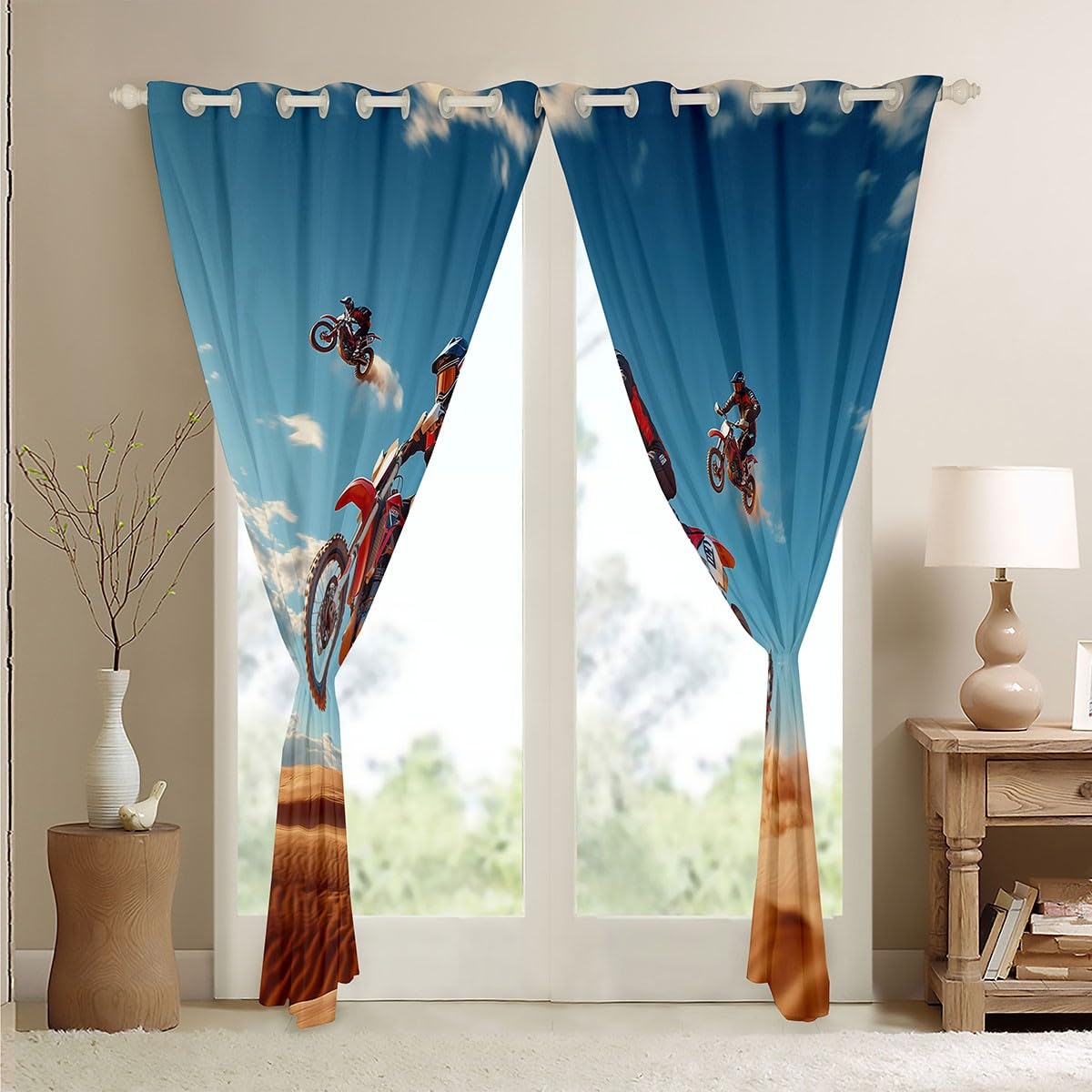 Feelyou Dirt Bike Curtains for Bedroom Living Room (2 Panels, 42 x 84 Inch) Racing Themed Room Blackout Curtain Racing Motocross Rider Blackout Curtains Extreme Sports Window Treatments
