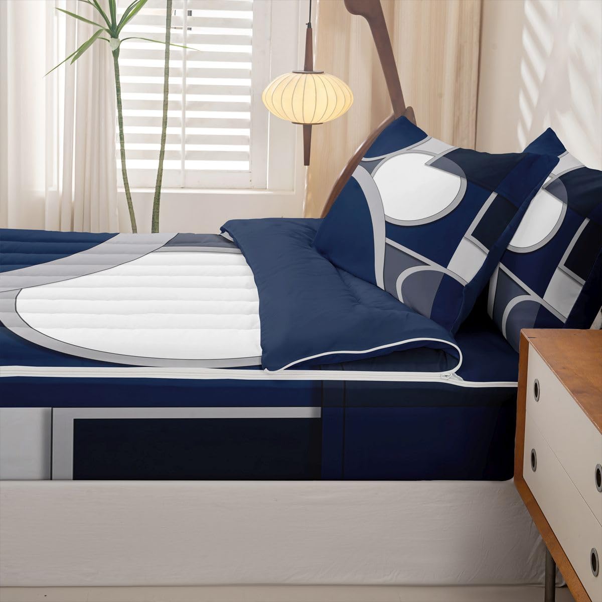 jejeloiu Abstract Geometric Comforter Set Full Modern Zipper Bedding Set for Kids Boys Girls Abstract Neutral Art Bed in a Bag Microfiber with 2 Pillow Cases