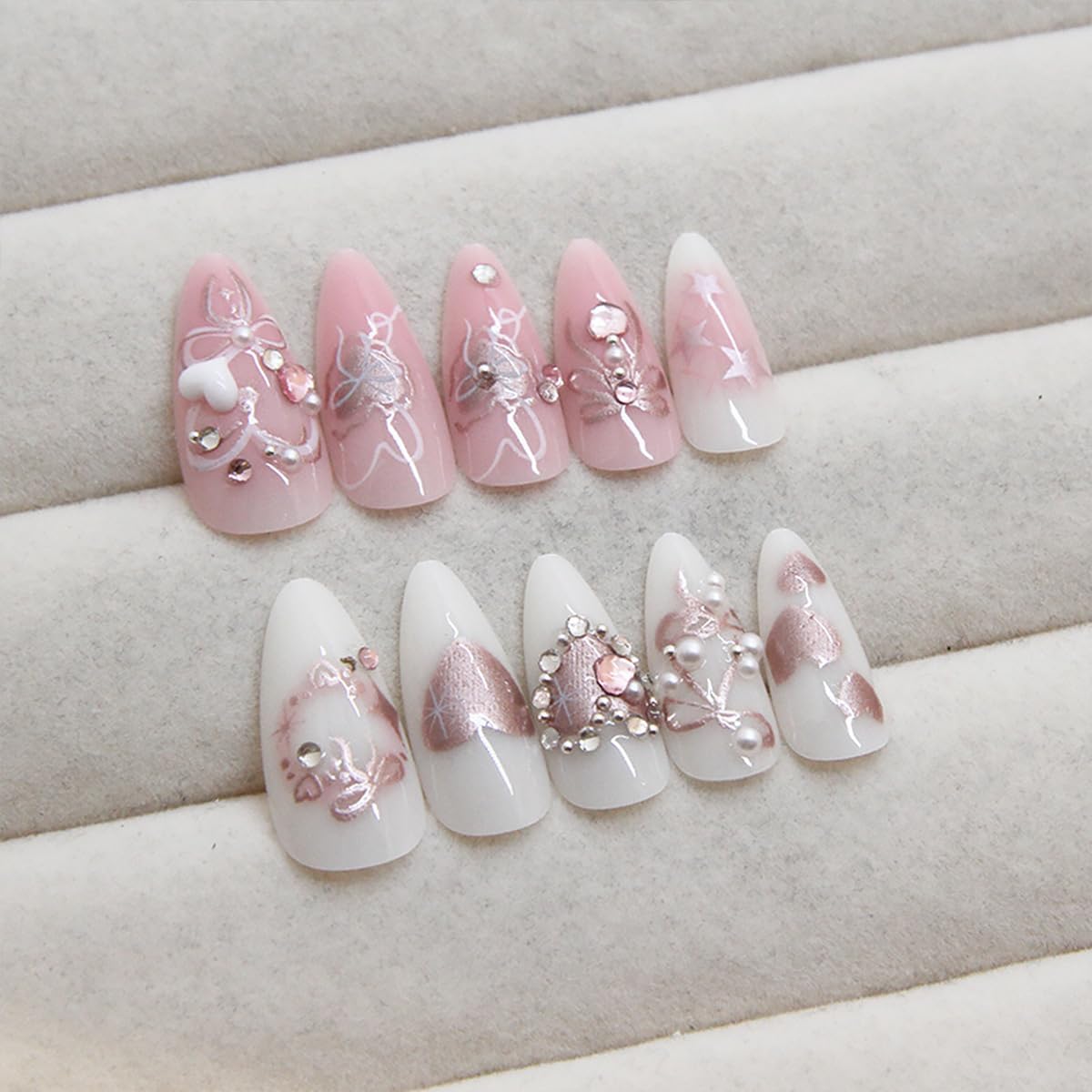 WBRRFJJ 24Pcs Pink Bow Press on Nails Medium Almond Acrylic False Nails with Silver Heart Rhinestones Design Glitter Full Cover Artificial Glue on Nails Handmade Stick on Nails for Women