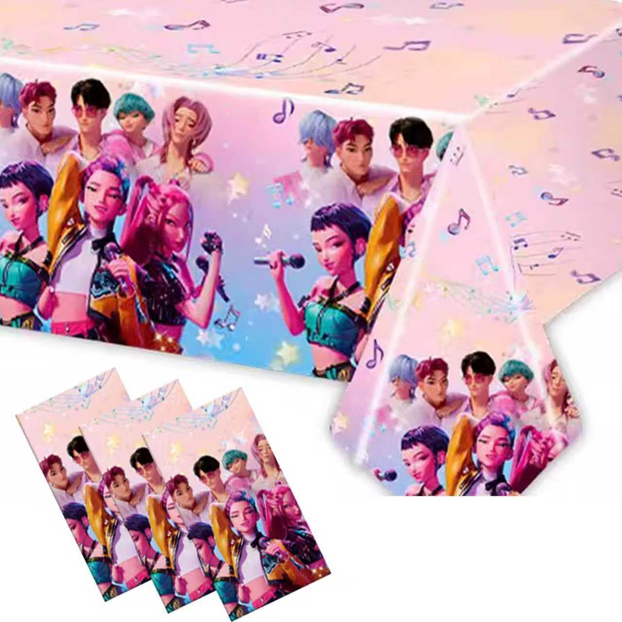 Luckyliz 3PCS Demon Hunters Birthday Tablecloth Decorations, Plastic Waterproof Tablecloths Pink Cartoon Party Supplies for Boys Girls Fans Concert Birthday Party