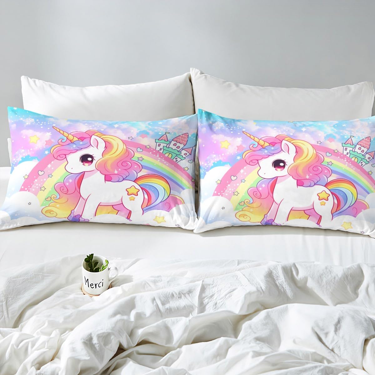 Cute Unicorn Kids Fitted Sheet Full Size,Rainbow Stars Cloud Dreamy Bedding Set,Girls Women Room Decor,Cartoon Animals Castle Girly Bed Cover,Pink Blue Unique Bed Sheet,2 Pillowcases