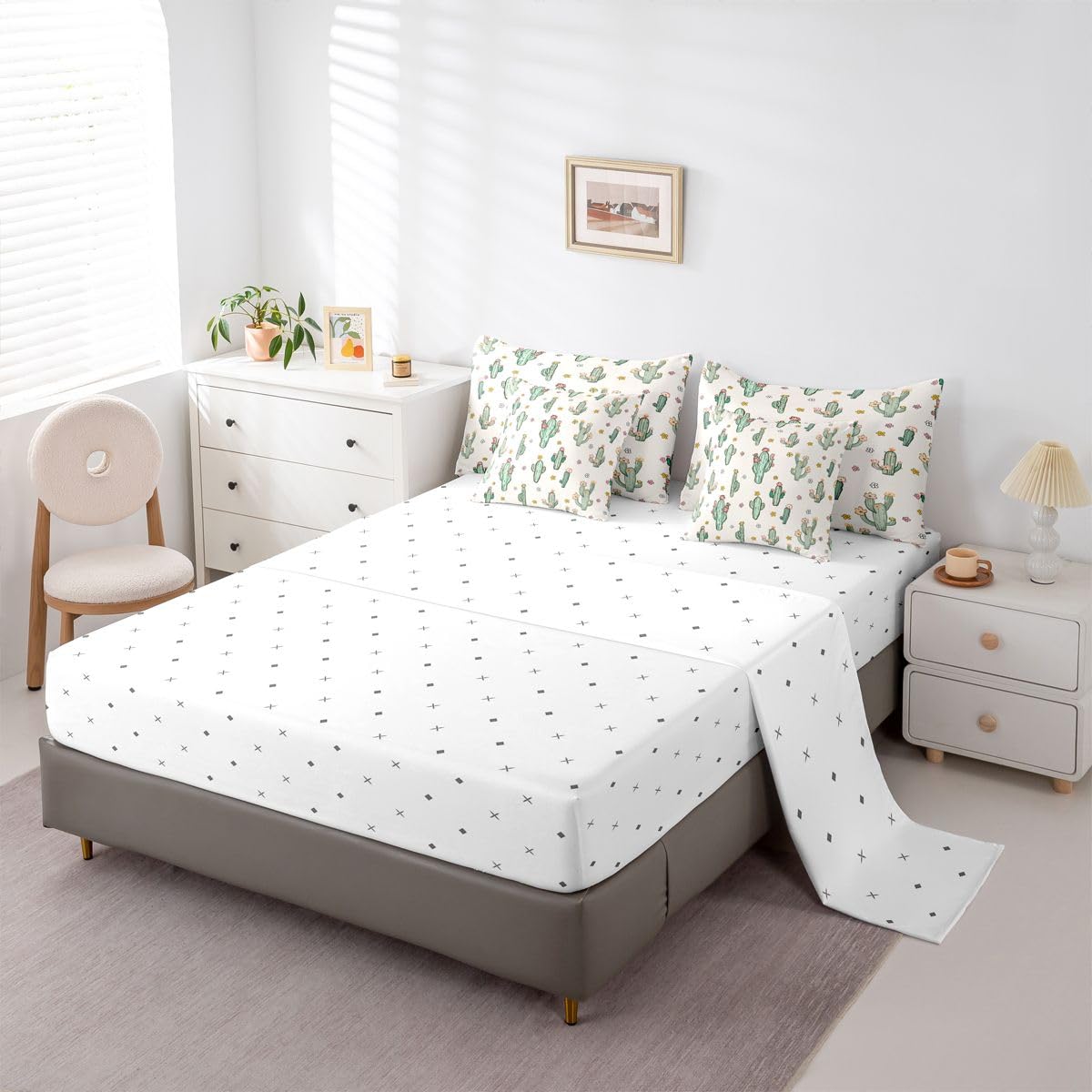Erosebridal Cactus 7 Piece Bedding Set Queen Western Comforter Set with Sheets Cute Cartoon Flowers Desert Plant Bed in a Bag Retro Red Floral Green Botanic for Kids Boys Girls