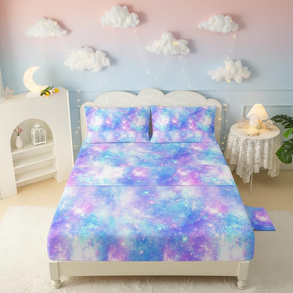 QOOMO Starry Sky Sparkles Bedding for Boys and Girls Tie Dye Print Silky Soft Microfiber Bed Sheets Blue Shining Star Super Soft Queen Size 1 Fitted Sheet, 1 Flat Sheet, 2 Pillow Cases