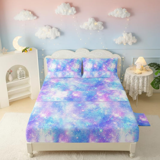 QOOMO Starry Sky Sparkles Bedding for Boys and Girls Tie Dye Print Silky Soft Microfiber Bed Sheets Blue Shining Star Super Soft Queen Size 1 Fitted Sheet, 1 Flat Sheet, 2 Pillow Cases