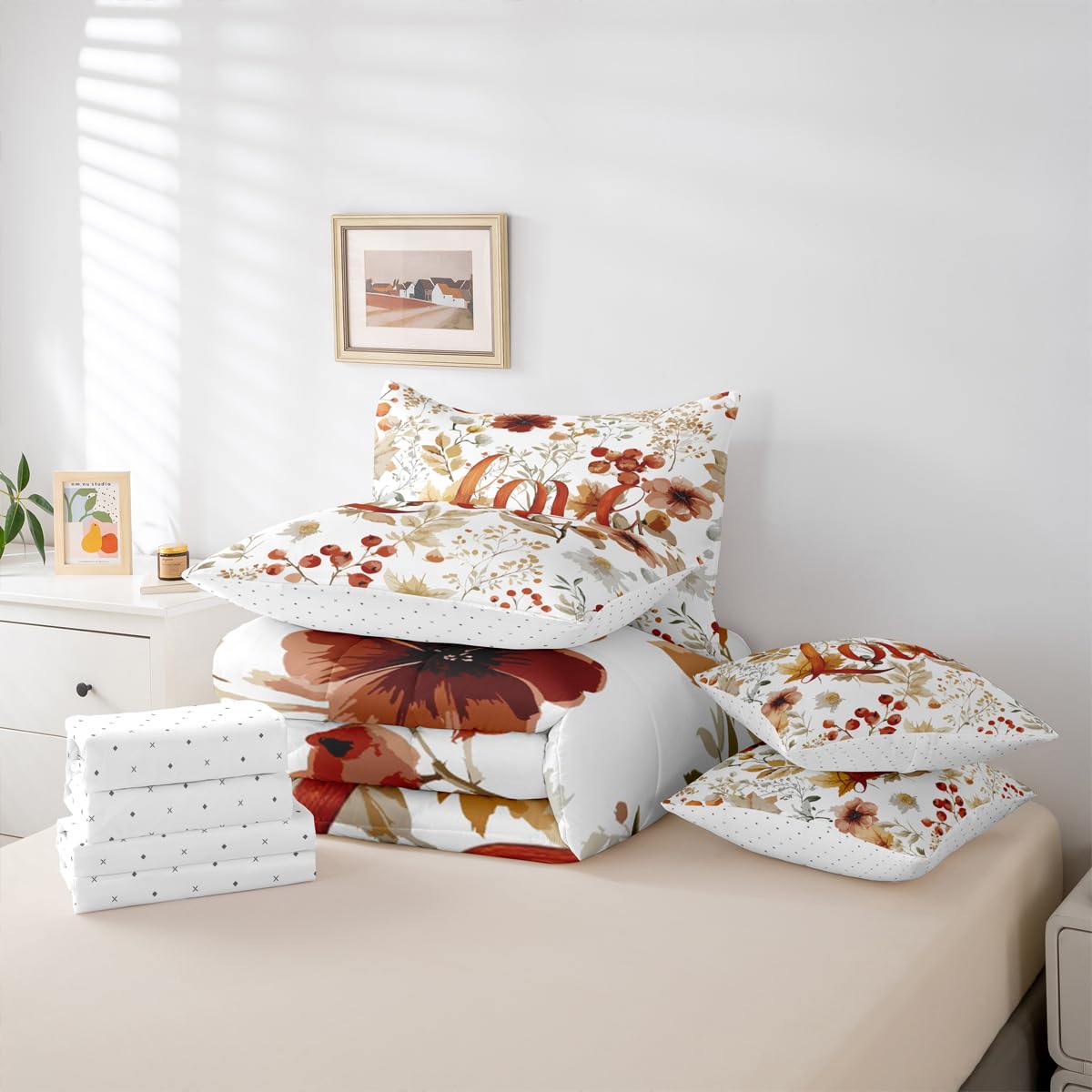 jejeloiu Fall Harvest Comforter Set Twin Size 7 Pieces Autumn Harvest Theme Bedding Set Autumn Leaves Bed in a Bag with Comforter, Sheets, Pillowcases, Cushion Covers Bedroom Decor