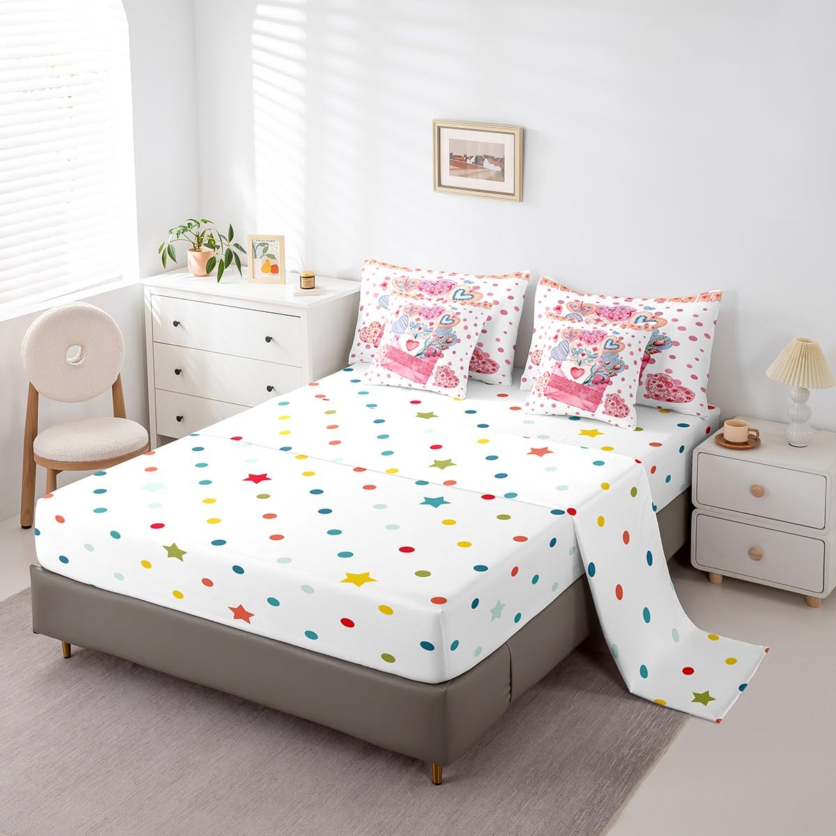 Feelyou Girls Like Cartoon Cute 7 Piece Bedding Set Queen Size Heart-Shaped Design Bed in a Bag for Adult Pink Envelope Comforter Set with Sheets Pink Polka Dot Room Decor Romantic Bed Set