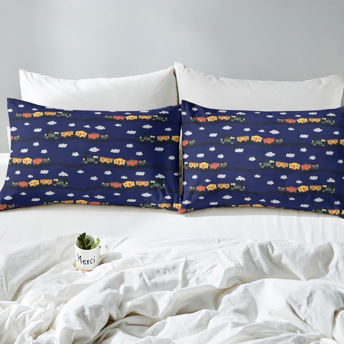 Erosebridal Cartoon Train Sheets Navy Locomotive Train Sheet Set Queen,Smoking Steam Engine Bed Sheets Set for Kids Toddler Cute Clouds Transportation Cars Top Fitted Sheet 4 Pieces
