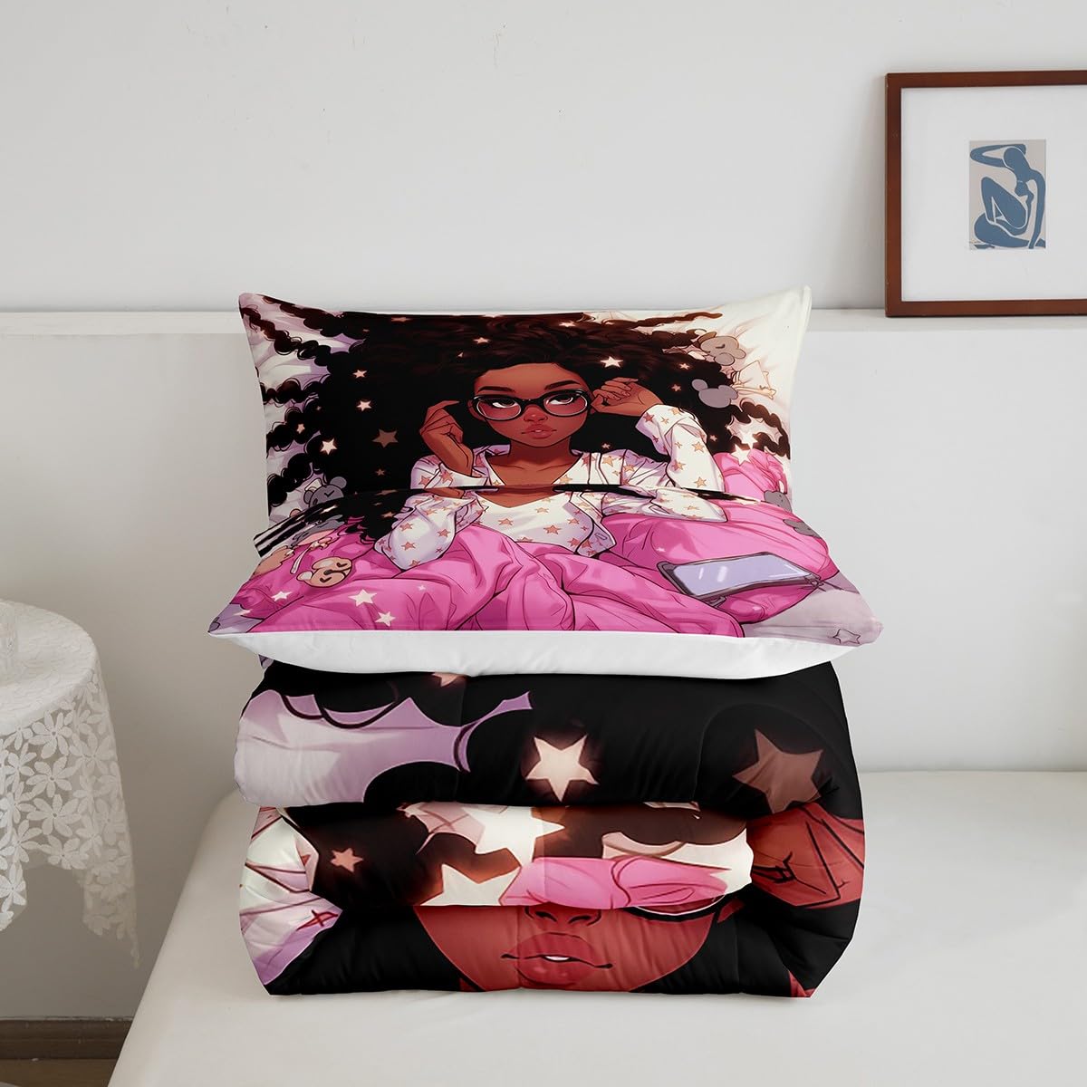 Manfei Black Princess Girlish Kids Comforter Set Full Size,Shiny Stars Dreamy Bedding Set,Girls Women Room Decor,African Amercian Theme Girls Down Comforter,Pink Romantic Duvet Insert,2 Pillowcases