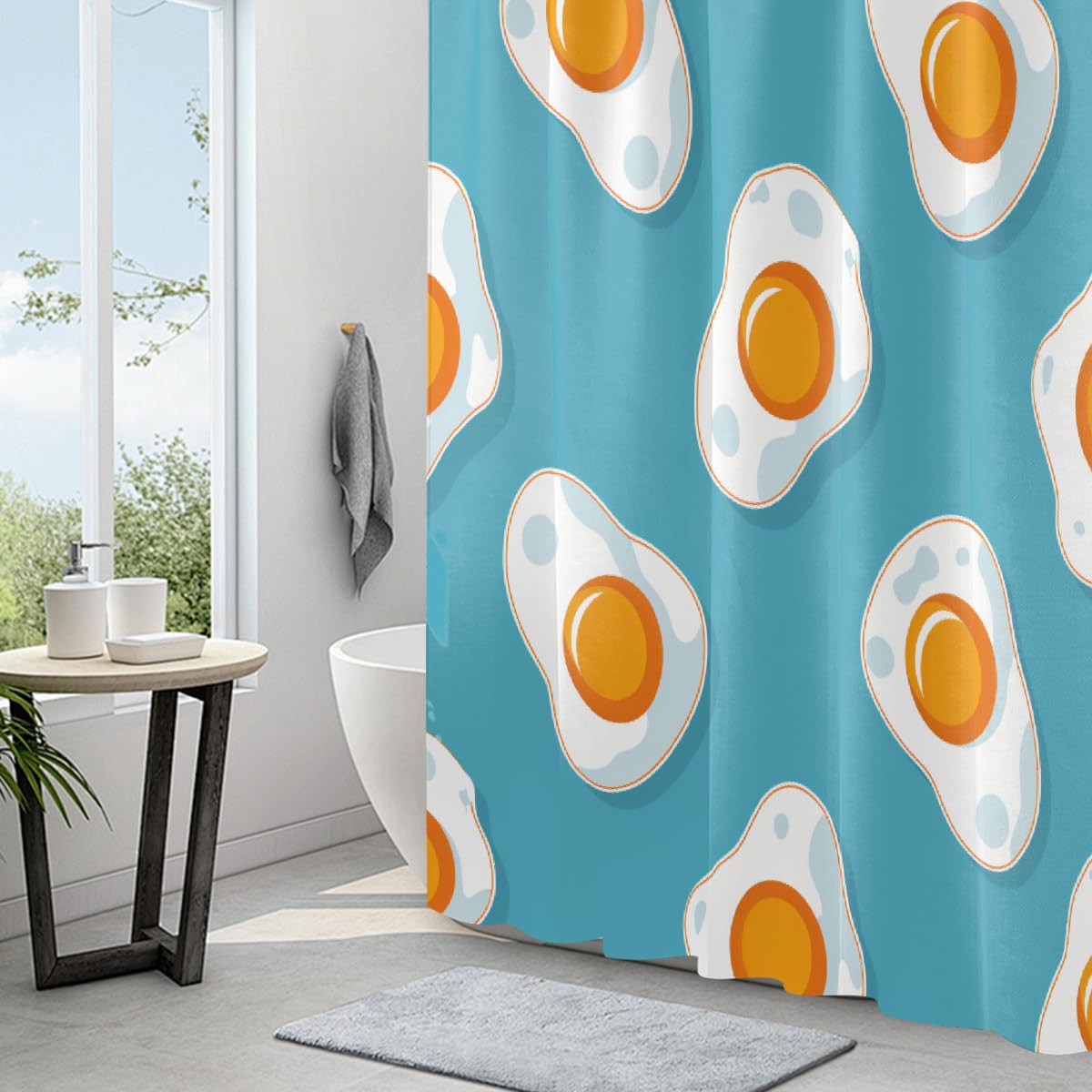 Ivolege Shower Curtain with Hooks, Fried Egg Blue Shower Curtain