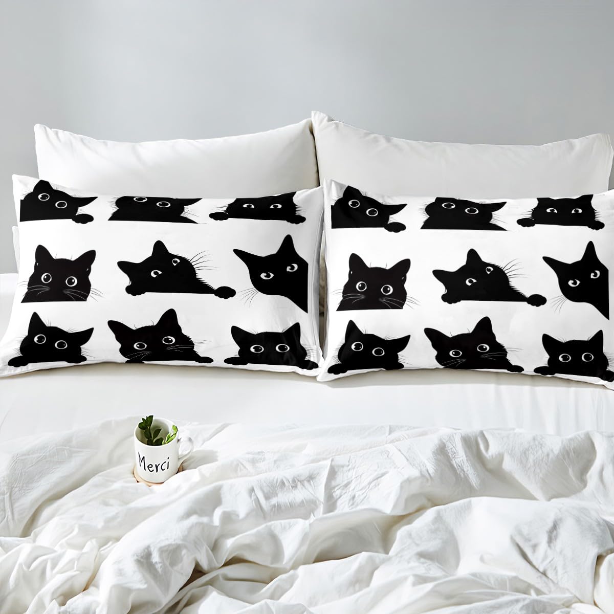 Feelyou Black Cat Bed Sheet Set for Kids Boys Girls Pet Cats Pattern Fitted Sheet Cute Kitten Print Bedding Set 3D Animal Theme Bed Cover Bedroom Decor 3Pcs Full Size White