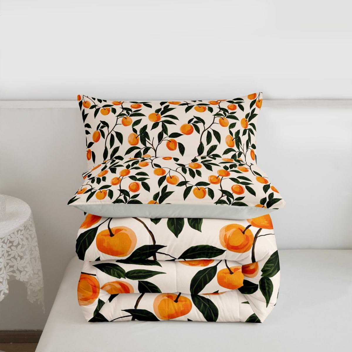 Manfei Cartoon Oranges 2Pcs Comforter Set Twin Size Country Rustic Bedding Set Kids Teens Adult Room Decor Botanical Themed Duvet Insert,1 Pillowcase Cute Fruit Printed