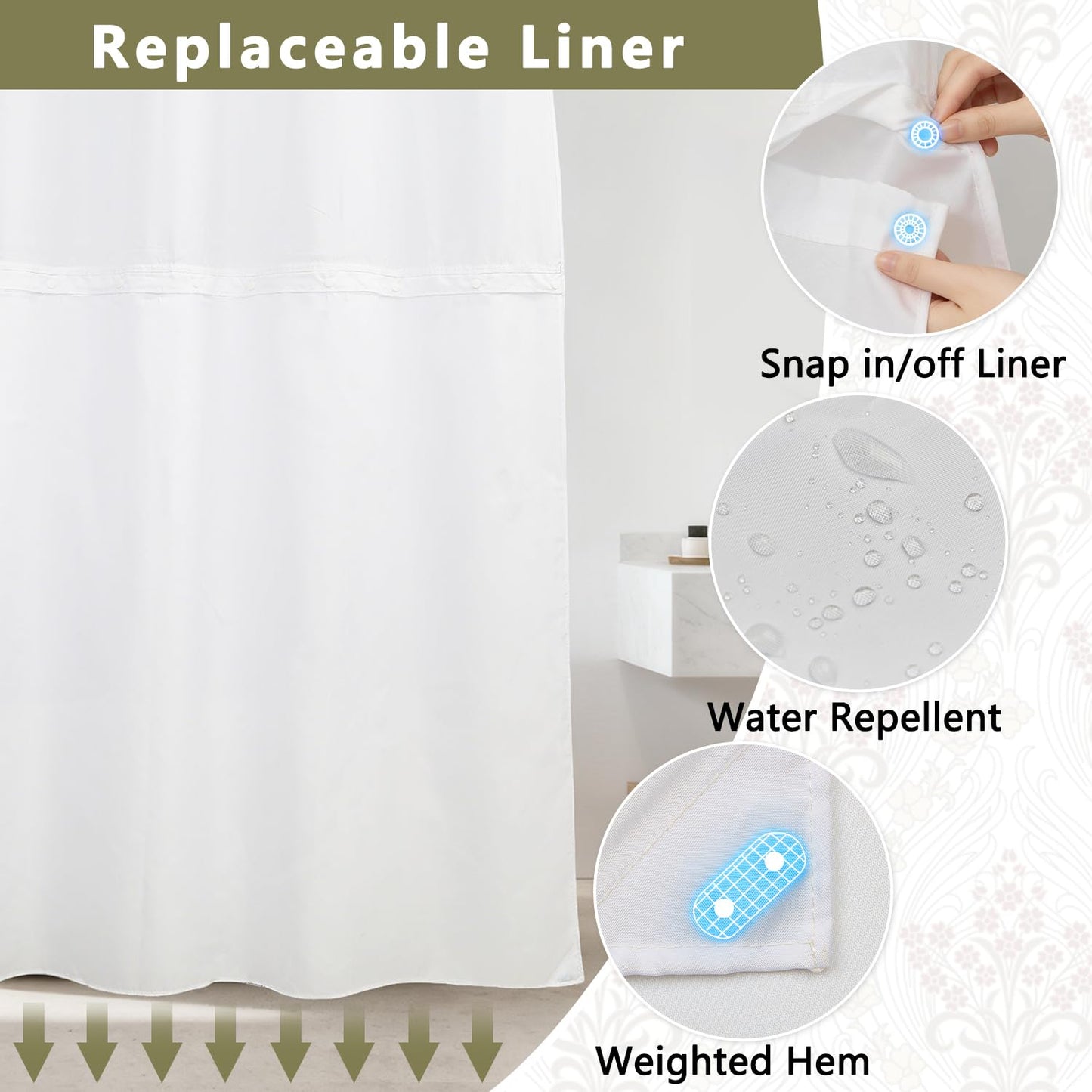 No Hook Vintage Boho Floral Shower Curtain with Liner, Modern Aesthetic Waterproof Machine Washable Fabric Shower Curtain, Red Flower Botanical Bathroom Curtains with Top Sheer Window, 71x74 Inch