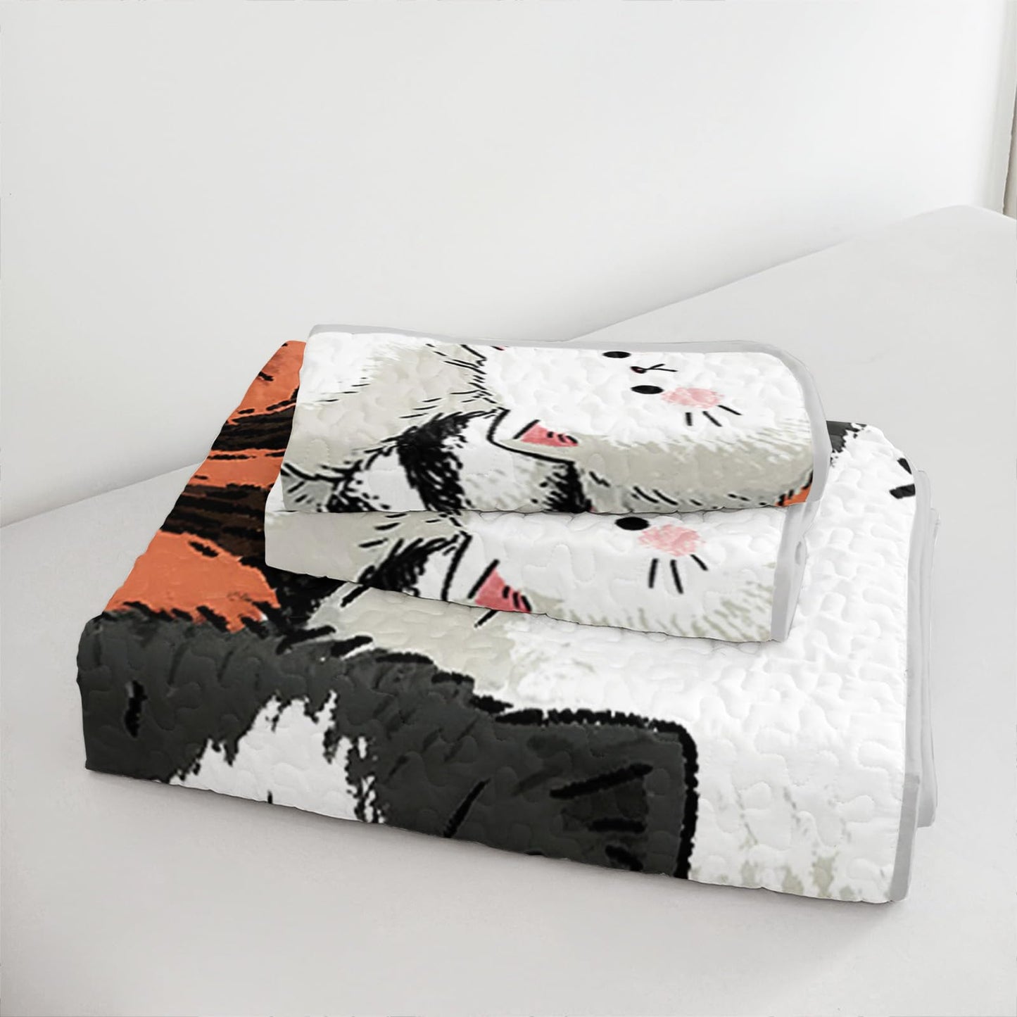 AILONEN Full Quilted Comforter Set 3 Piece, Whimsical Lazy Kitten Bedspread Coverlet 2 Pillowcases, Soft Artistic Feline Bedding Teens Apartment Cozy Chubby Cat Animal Print Multi