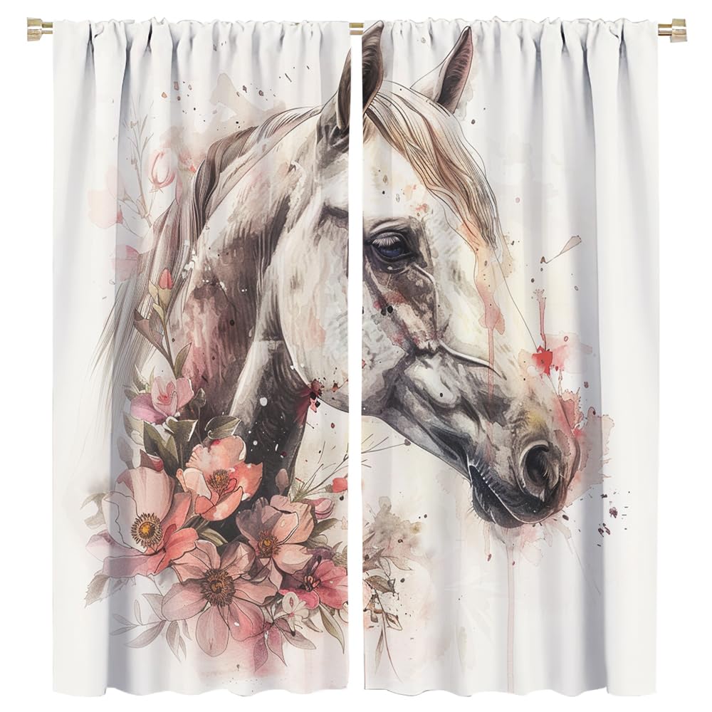 SOPIYRIO Retro Floral Horse Blackout Window Curtains Beautiful Flower Abstract Animal Rod Pocket Curtains for Bedroom Thermal Insulating Drapes for Living Room 2 Panels 21 W x 45 L inch