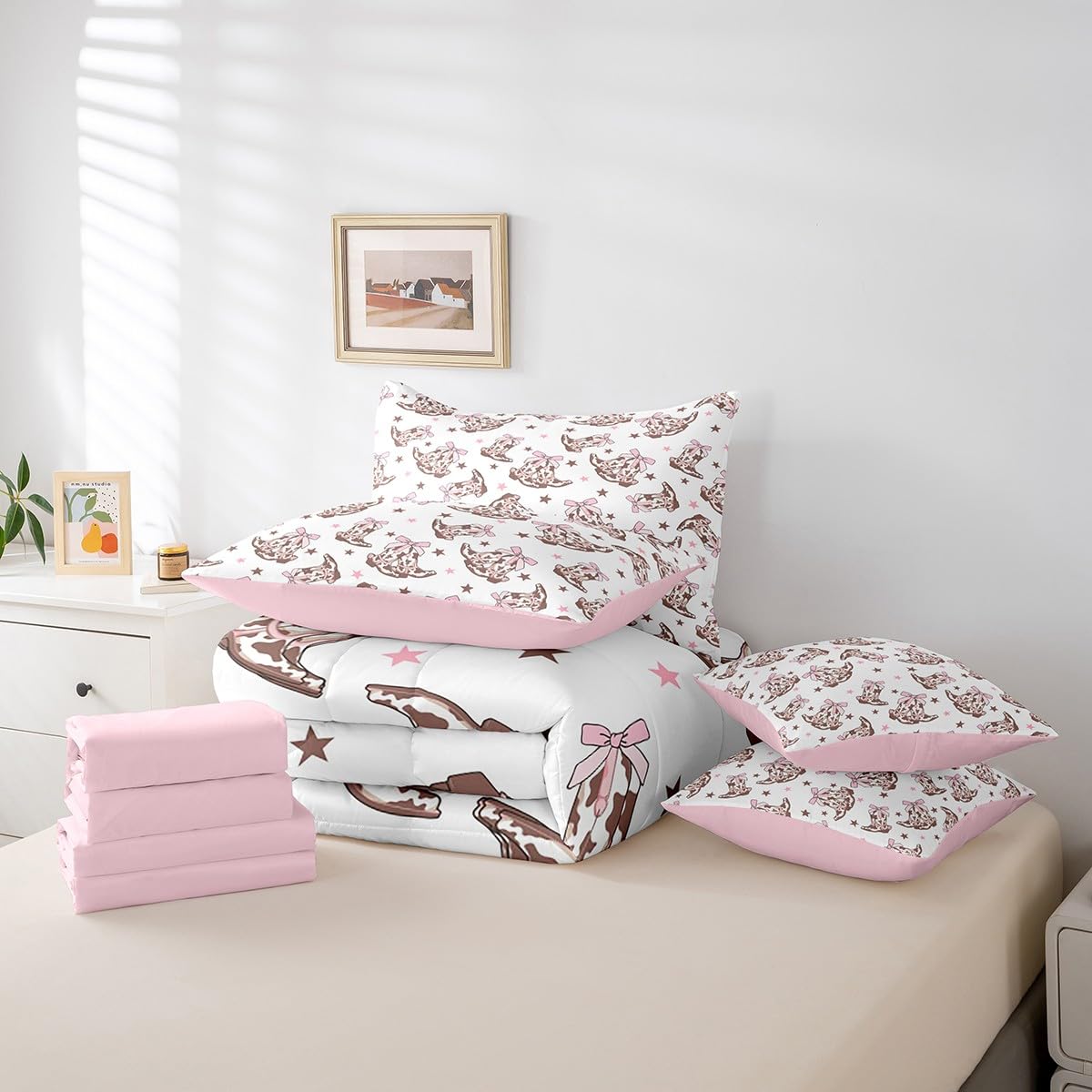 Manfei Cowgirl 7 Pieces Bedding Set Queen,Western Tribal Boots Pink Princess Bowknot White Bed in a Bag for Teens,Rustic Brown Cowhide Starry Comforter Set with Sheets,Pillow Covers