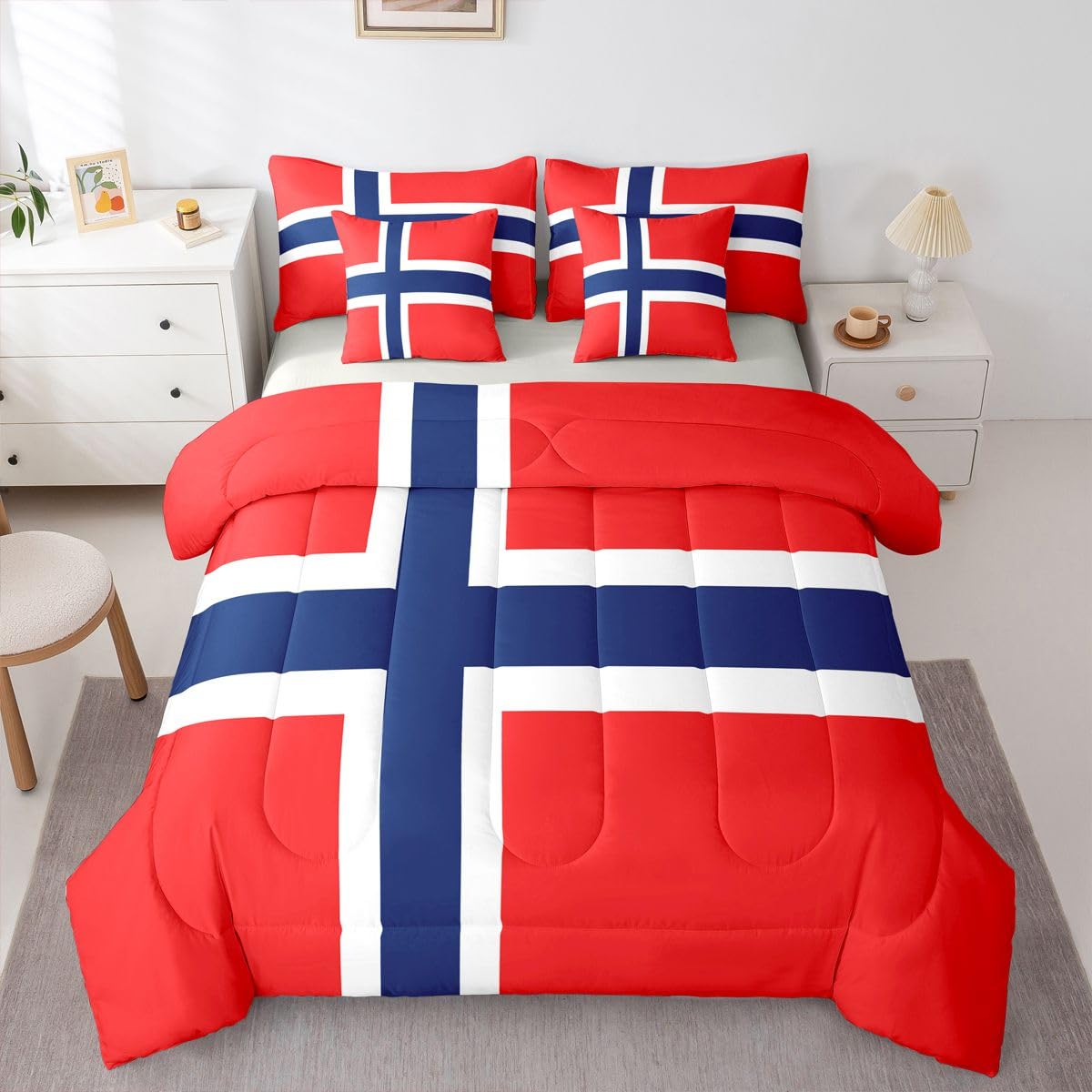Feelyou Norwegian Flag Comforter Set with Sheets 7 Piece King Size Norway Bed in a Bag Kids Boys Girls International Flag Bedding Set Bedroom Decor Breathable Soft Lightweight Microfiber