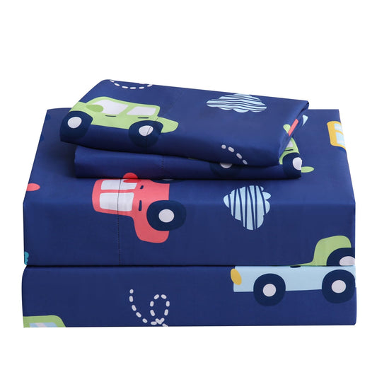 Ocharo Car Kids Twin Sheet Set Colorful Cars Bed Sheets for Boys - 3 Pcs Deep Pockets Fitted Sheet,Breathable Soft Microfiber Navy Blue Bedding Sets for Toddlers Room Decor