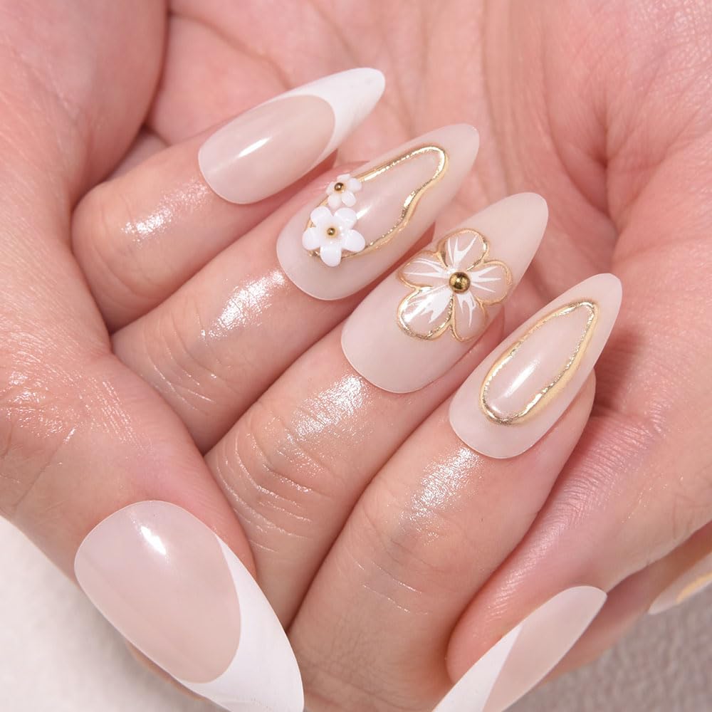 evpct 3D Flower French Press on Nails Medium Almond No Glue, White French Tip Gold Line Stick on Nail for Women Gift with Kit, Reusable Full Cover Soft Press on Fake Nail with 3D Floral Design