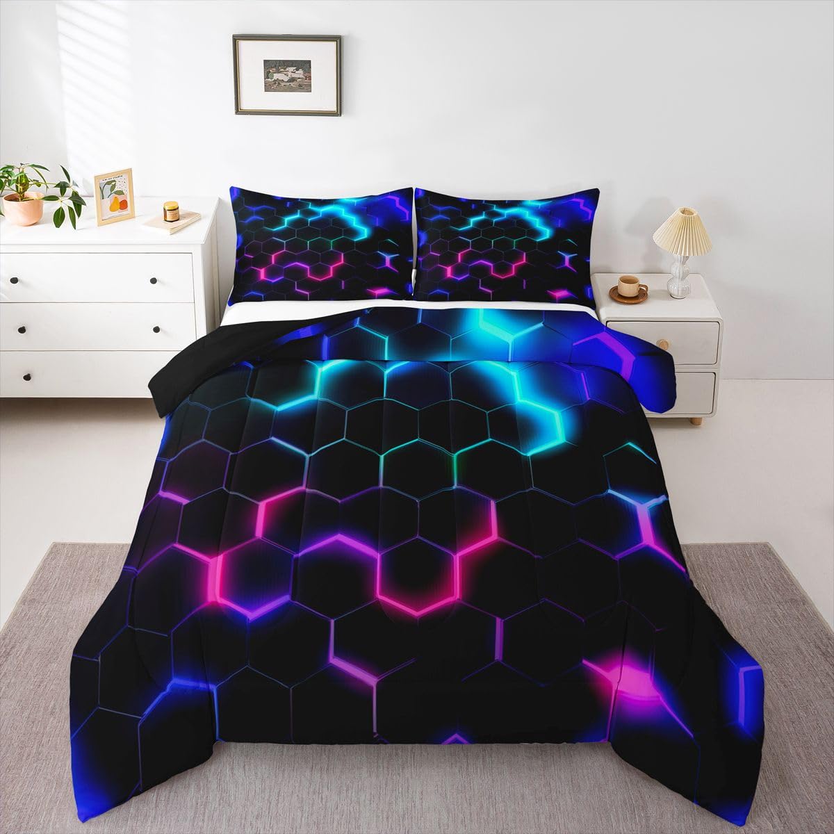 Castle Fairy 3D Honeycomb Comforter Set Twin Size,Neon Hexagon Theme Quilt Set Pink Blue Bedding 2pcs,Fashion Duvet Insert 1 Pillowcase,Black