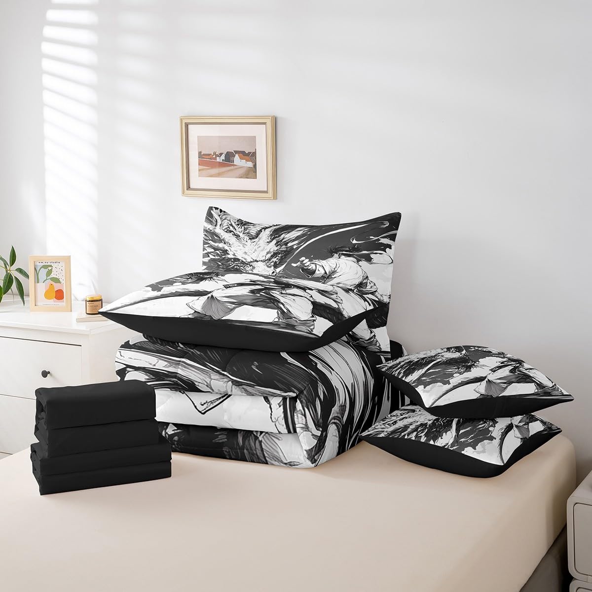Feelyou Kids Taekwondo 7 Pieces Bedding Set Queen Size, Japanese Sports Bed in A Bag Samurai Comforter Set with Sheets Boys Girls Dragon Teens Bed Set Bedroom Decor 7Pcs