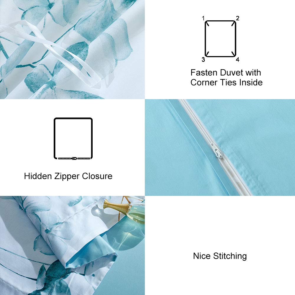 MILDLY 100% Long Staple Cotton Duvet Cover Set Blue Gold Grey Leaves Printed Comforter Cover Set Watercolor Plant