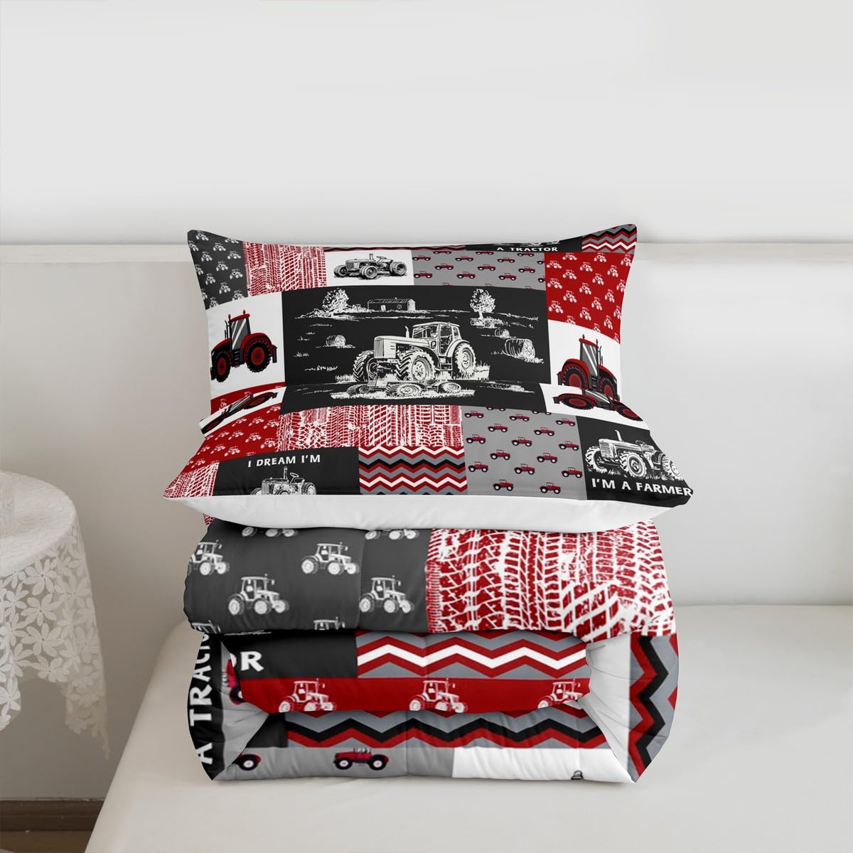 Erosebridal Red Tractor Bedding Set for Boys King,Construction Tractor Comforter Set Kids Teens Equipment Trucks Down Comforter Black White Construction Vehicle Quilt Set Bedroom Decor