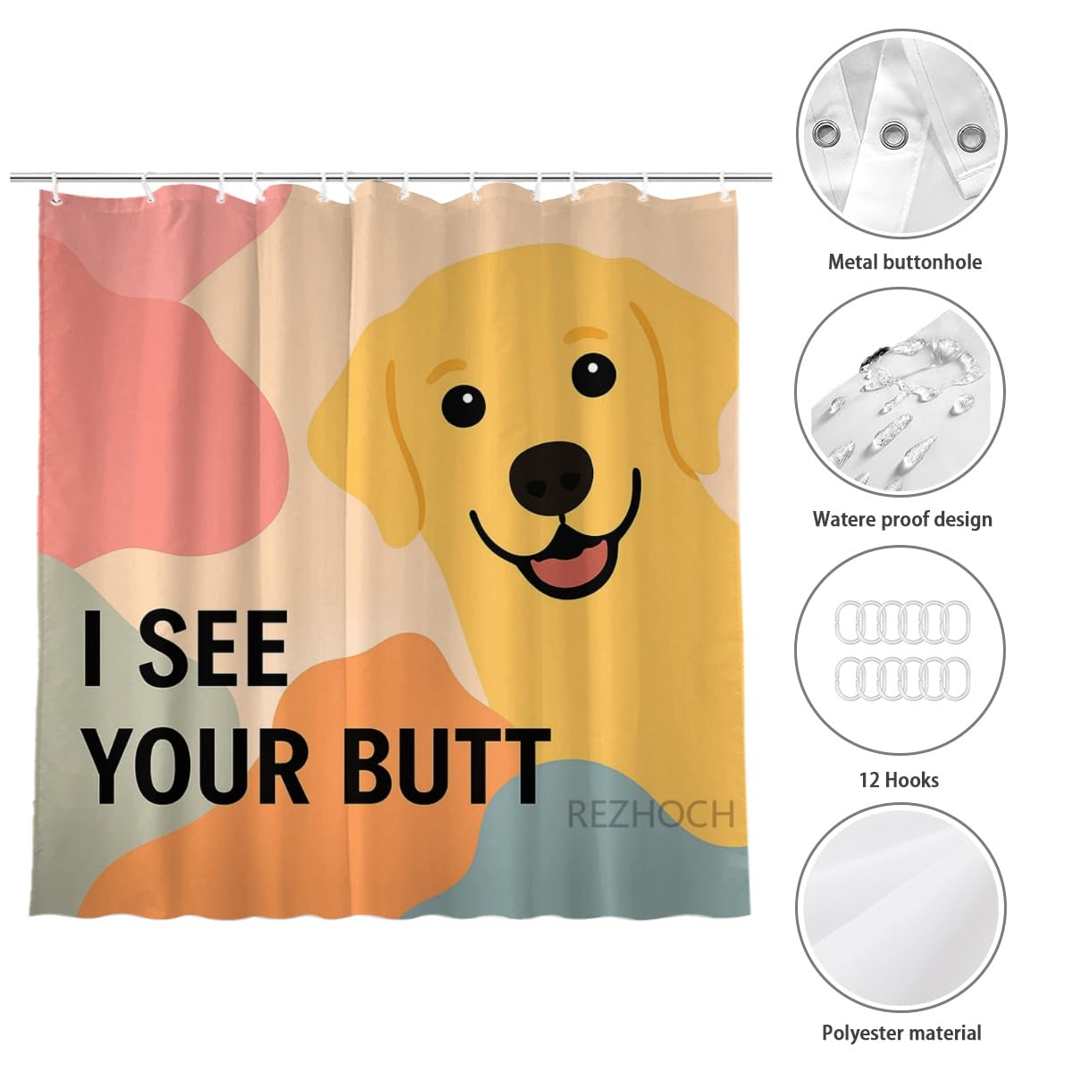 REZHOCH Golden Retriever Shower Curtain Durable Waterproof Fabric Bathtub Sets Funny Cute Animal Home Bathroom Decor Decoration All Season I See Your Butt 72x72inch with Hooks