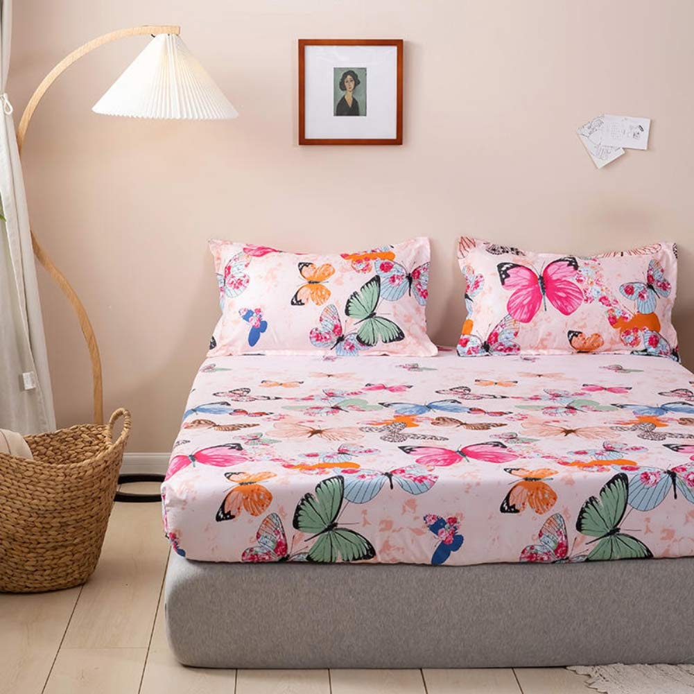 Kids Bed Sheet Set Twin Girls Teens Pink Butterfly Bedding Set Decorative Microfiber Polyester Animal Fitted Sheet for Children Bedroom Soft Bed Cover with 1 Pillow Case, Flat Sheet not Included
