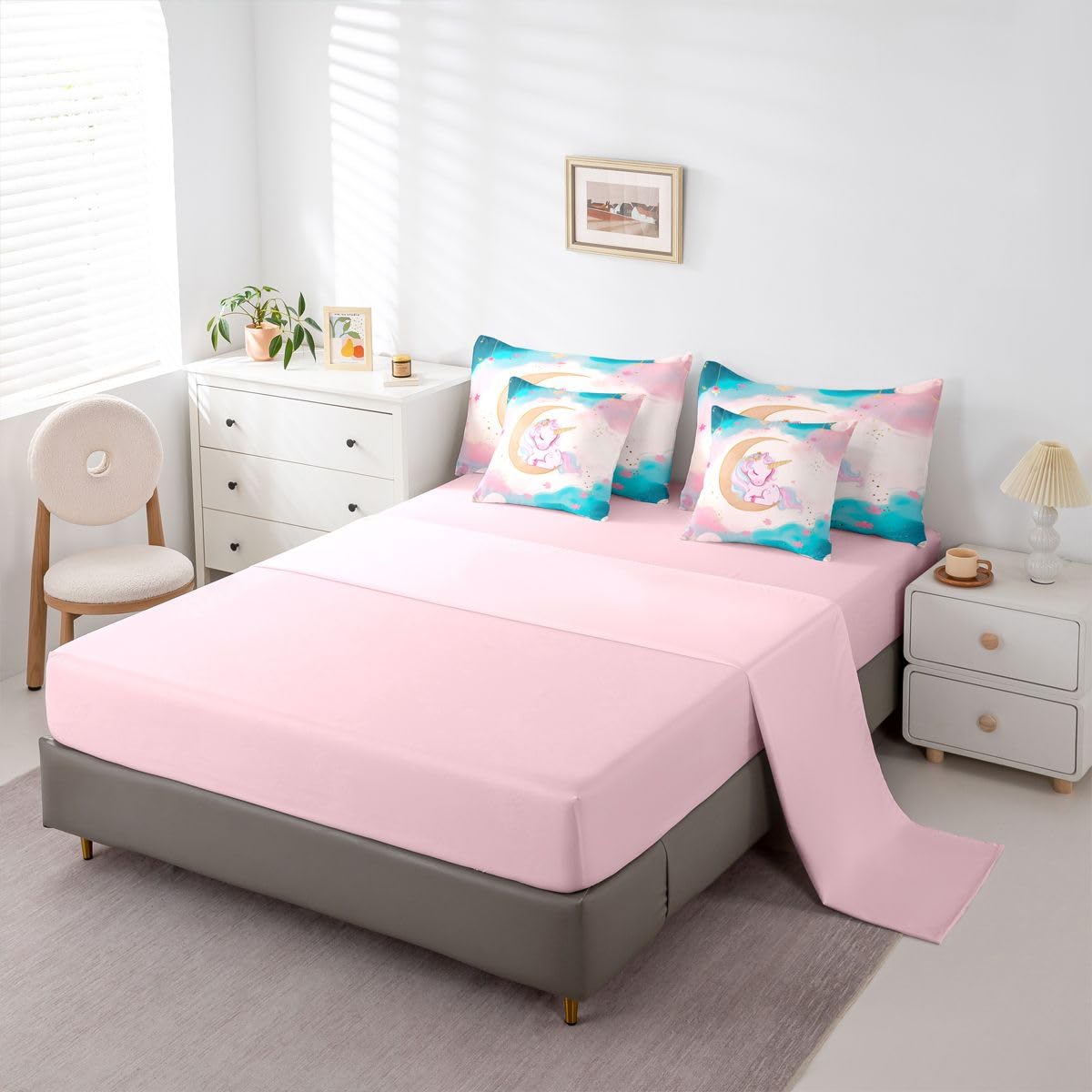 Erosebridal Pink Unicorn Bedding Set 7 Pieces Twin Size for Girls Kids Cute Rainbow Unicorn Comforter Set with Sheets Gradient Blue Pink Princess Bed in A Bag Dreamy Moon Bed Sets All Season