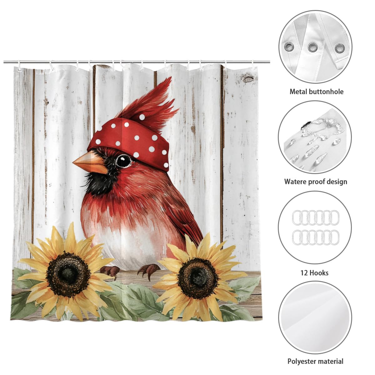 KEEPAEON Summer Sunflower Red Cardinal Shower Curtain for Bathroom Floal Farmhouse Country Shower Curtain Flowers for Bathtub Decor with 12 Hooks 72"x72"