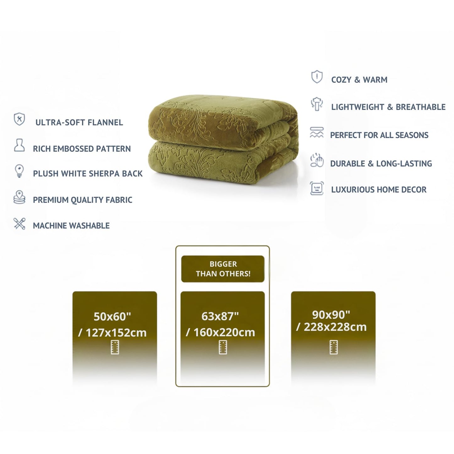 Tache Green Sherpa Bed Blanket - Earth Day - Spring Chartreuse Embossed Cozy Light Olive Green Luxury Super Soft Warm Decorative Queen Size Flannel Throw Blanket - 90X90 Inch