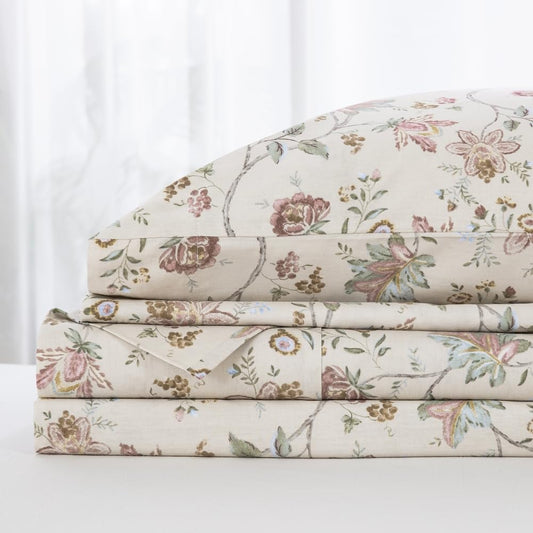 DAUAOTO Full Size Printed Sheets Set, 100% Cotton Bedding Sets, Up to 14" Deep Mattress, Shabby Chic Vintage Pattern Bedlinen Set, Floral Garden Beige